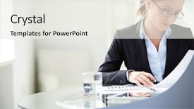  Presentation with workplace - Presentation theme consisting of business - young businesswoman sitting at workplace background and a white colored foreground