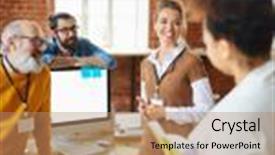  Presentation with listening - PPT theme with teamwork - young successful manager listening background and a coral colored foreground