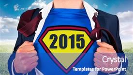  Presentation with superhero - Audience pleasing PPT theme consisting of business 2015 - businessman opening shirt in superhero backdrop and a  colored foreground