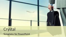  Presentation with airplane wing through airplane window - Colorful presentation theme enhanced with business accelerator - back view of businessman holding backdrop and a soft green colored foreground