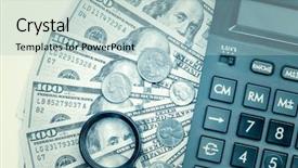  Presentation with financial accounting - Colorful PPT layouts enhanced with business accounting or financial audit - stack of dollar bills with a calculator and a magnifying glass backdrop and a mint green colored foreground