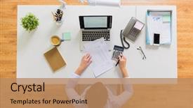  Presentation with business calculator - Presentation theme with business accounting people and technology background and a coral colored foreground