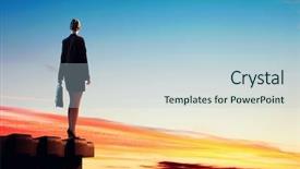  Presentation with businessman standing on mountain top - Amazing presentation having business achievement - image of young businesswoman standing backdrop and a lemonade colored foreground