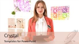  Presentation with receptionist - PPT theme consisting of business administration - portrait of beauty salon receptionist background and a coral colored foreground