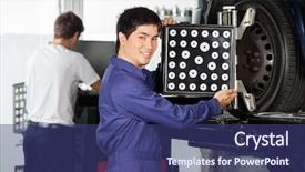  Presentation with tire and wheel - Audience pleasing PPT layouts consisting of business alignment - confident mechanic adjusting wheel aligner backdrop and a ocean colored foreground