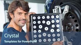 Presentation with mechanic - Theme consisting of business alignment - confident mechanic adjusting wheel aligner background and a ocean colored foreground