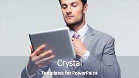  Presentation with computer - Presentation design with business alignment - handsome businessman holding tablet computer background and a gray colored foreground