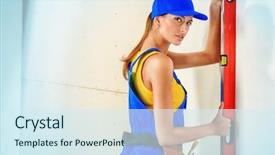  Presentation with work happy hour - Beautiful slides featuring business alignment - happy smiling woman construction worker backdrop and a  colored foreground