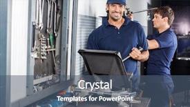  Presentation with mechanic - Beautiful PPT theme featuring business alignment - portrait of confident male mechanic backdrop and a  colored foreground