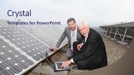  Presentation with solar panels - Amazing slides having business alternatives analysis - businessmen checking solar panels running backdrop and a sky blue colored foreground