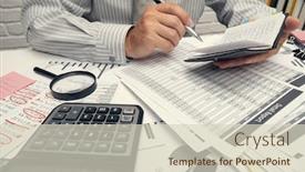  Presentation with business office desk - Audience pleasing presentation theme consisting of business-analysis-and-accounting-concept backdrop and a soft green colored foreground