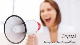  Presentation with bad - Theme having business and communication bad boss concept - strict businesswoman shouting in megaphone in office background and a lemonade colored foreground