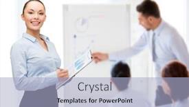  Presentation with friendly - Slide set featuring business and education concept - friendly young smiling businesswoman with clipboard and pen background and a light blue colored foreground