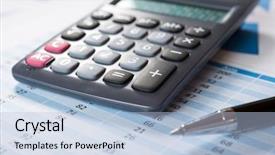  Presentation with business calculator - Beautiful PPT theme featuring business and finance concept pen and calculator on a spreadsheet backdrop and a light blue colored foreground