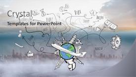  Presentation with business travel - Cool new PPT theme with business and global travel doodles against cityscape on the horizon backdrop and a white colored foreground