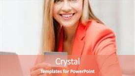  Presentation with business card - Audience pleasing theme consisting of business and internet concept - smiling businesswoman with laptop using credit card backdrop and a coral colored foreground