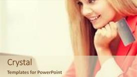  Presentation with business card - Amazing theme having business and internet concept - smiling businesswoman with laptop using credit card backdrop and a cream colored foreground