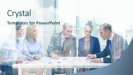  Presentation with team discussion - Beautiful slides featuring business and office concept - business backdrop and a sky blue colored foreground