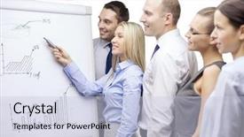  Presentation with discussion board - Cool new presentation theme with business and office concept - smiling business team with charts on flip board having discussion backdrop and a lemonade colored foreground