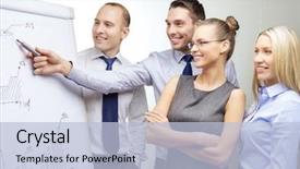  Presentation with discussion board - Colorful PPT theme enhanced with business and office concept - smiling business team with charts on flip board having discussion backdrop and a light blue colored foreground