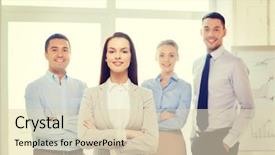  Presentation with team hands - Colorful PPT theme enhanced with business and office concept - smiling beautiful businesswoman with crossed hands and team in office backdrop and a lemonade colored foreground