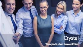  Presentation with discussion board - Theme with business and office concept - smiling business team with charts on flip board having discussion background and a ocean colored foreground