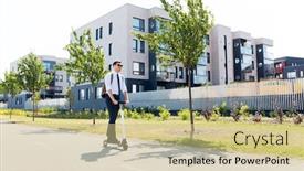  Presentation with electric scooter - PPT theme consisting of business and people and concept - young businessman with backpack riding electric scooter background and a soft green colored foreground