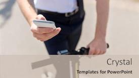  Presentation with young business people - Amazing presentation design having business and people and concept - close up of young businessman with smartphone and electric scooter outdoors backdrop and a soft green colored foreground