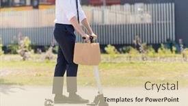  Presentation with electric scooter - Beautiful slide set featuring business and people and concept - close up of young businessman with takeaway paper bag riding electric scooter outdoors backdrop and a lemonade colored foreground