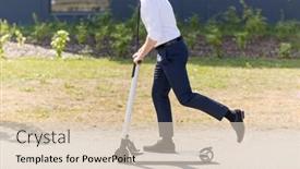  Presentation with electric scooter - Presentation design with business and people and concept - young businessman riding electric scooter outdoors background and a lemonade colored foreground