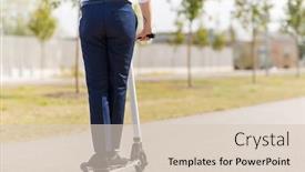  Presentation with electric scooter - Colorful presentation theme enhanced with business and people and concept - young businessman riding electric scooter outdoors backdrop and a lemonade colored foreground