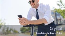  Presentation with electric scooter - Presentation theme featuring business and people and concept - close up of young businessman with smartphone and electric scooter outdoors background and a tawny brown colored foreground