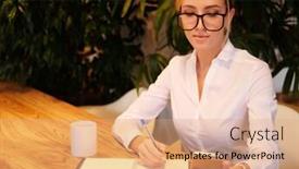  Presentation with cafe - Beautiful slide set featuring business and people concept modern business woman in city cafe backdrop and a coral colored foreground