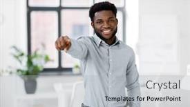  Presentation with african people - Amazing presentation design having business and people concept - smiling african american businessman at office pointing at you backdrop and a light gray colored foreground
