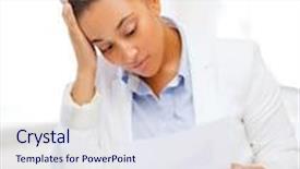  Presentation with business calculator - PPT theme featuring business and tax concept - african businesswoman working with calculator in office background and a sky blue colored foreground