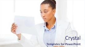  Presentation with business calculator - Presentation theme consisting of business and tax concept - african businesswoman working with calculator in office background and a sky blue colored foreground