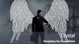  Presentation with angel - Slides enhanced with business angel standing over apocalyptic background crisis default setback concept background and a dark gray colored foreground