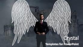  Presentation with angel - Colorful presentation design enhanced with business angel standing over apocalyptic background crisis default setback concept backdrop and a dark gray colored foreground