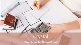  Presentation with architecture construction - Presentation having business architecture building construction and people concept - close up of architect hand with blueprint counting on calculator background and a coral colored foreground