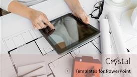 Presentation with architecture construction - Slides with business architecture building construction and people concept - close up of architect hand with living house blueprint and tablet pc computer background and a coral colored foreground