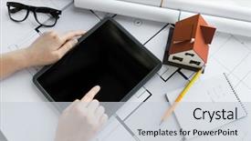  Presentation with architecture construction - Colorful presentation enhanced with business architecture building construction and people concept - close up of architect hand with living house blueprint and tablet pc computer backdrop and a lemonade colored foreground