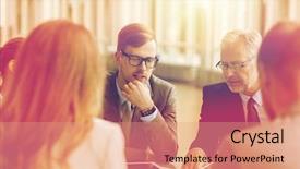  Presentation with architects - Slide set consisting of business architecture construction teamwork and people concept - happy group of architects with tablet pc computer discussing blueprint at office background and a coral colored foreground