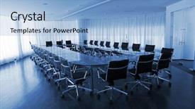  Presentation with conference table - Slides featuring business area - board room office work place background and a light blue colored foreground