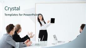  Presentation with conference table - Audience pleasing PPT layouts consisting of business association - woman showing blank tablet computer backdrop and a  colored foreground