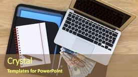  Presentation with notebook texture - Colorful slide deck enhanced with business background - detailed business case with laptop open notebook and dollars euros bills top view of wooden texture of the table backdrop and a tawny brown colored foreground