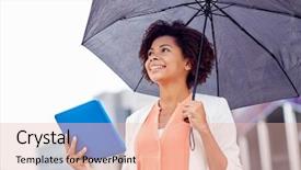  Presentation with bad weather - PPT layouts with business bad weather and people and concept - happy african american businesswoman with umbrella and tablet pc computer at city street background and a lemonade colored foreground