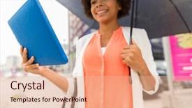  Presentation with bad weather - Amazing PPT theme having business bad weather and people and concept - close up of happy african american businesswoman with umbrella and tablet pc computer at city street backdrop and a coral colored foreground