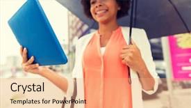  Presentation with bad weather - Beautiful PPT theme featuring business bad weather and people and concept - close up of happy african american businesswoman with umbrella and tablet pc computer at city street backdrop and a coral colored foreground