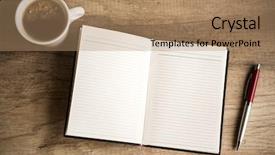  Presentation with notebook - PPT theme featuring business blank - notebook on wooden table top background and a coral colored foreground