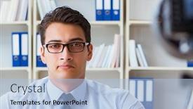  Presentation with blogger - Colorful slide set enhanced with business-blogger-doing-webcast backdrop and a light blue colored foreground